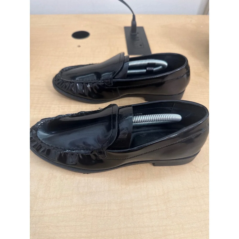 Primark Womens Black Patent Ruffle Toe Loafers Slip On Flats Size 6
